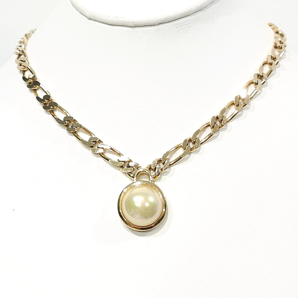 Vintage Dior Necklace Pearl Pendant Gold Tone Figaro Chain Chr.Dior Germany